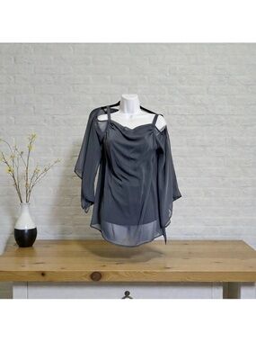 Kenar Sheer Size S Cold-Shoulder Dressy Chiffon Overlay Blouse Charcoal Gray